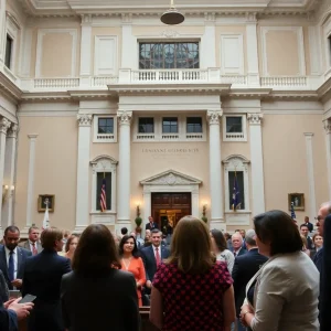 Diverse group discussing ethics policies outside Louisiana legislative building