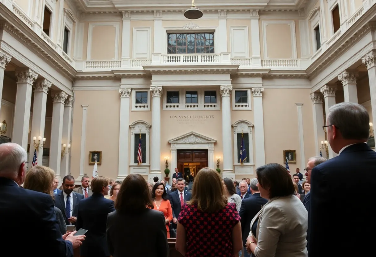 Diverse group discussing ethics policies outside Louisiana legislative building