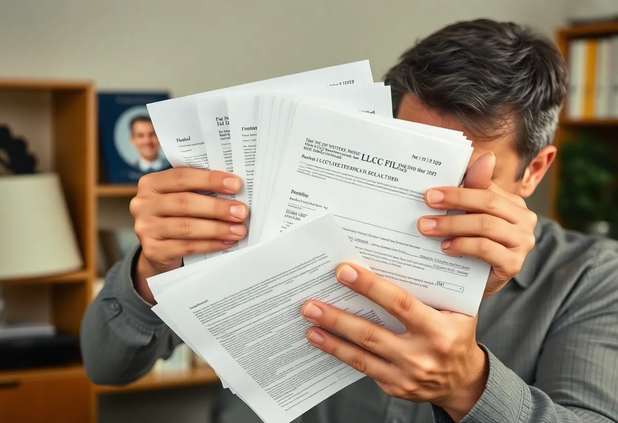 Business owner examining fraudulent letters related to LLC filings