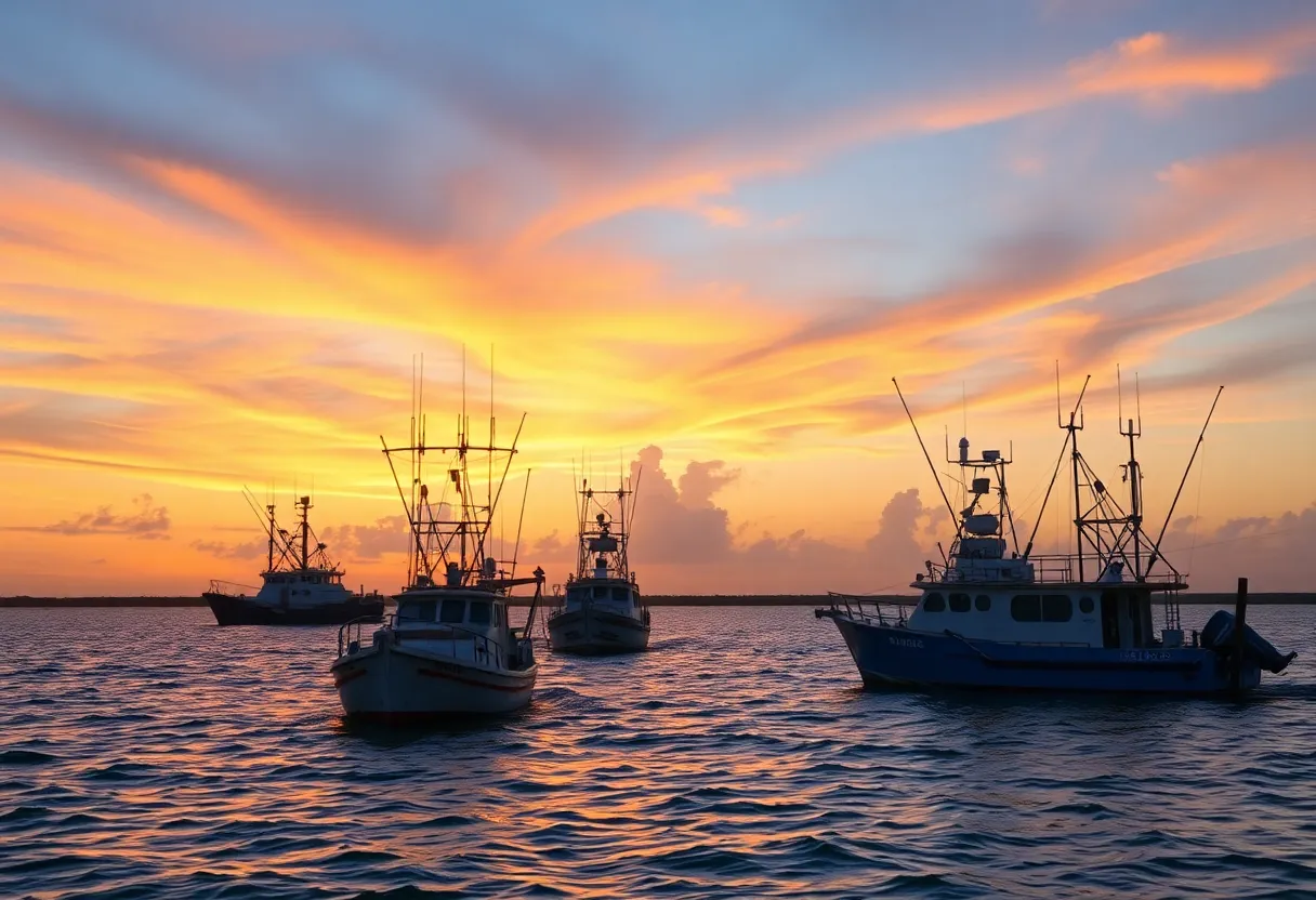 Shrimp boats in Louisiana coastal waters during sunset