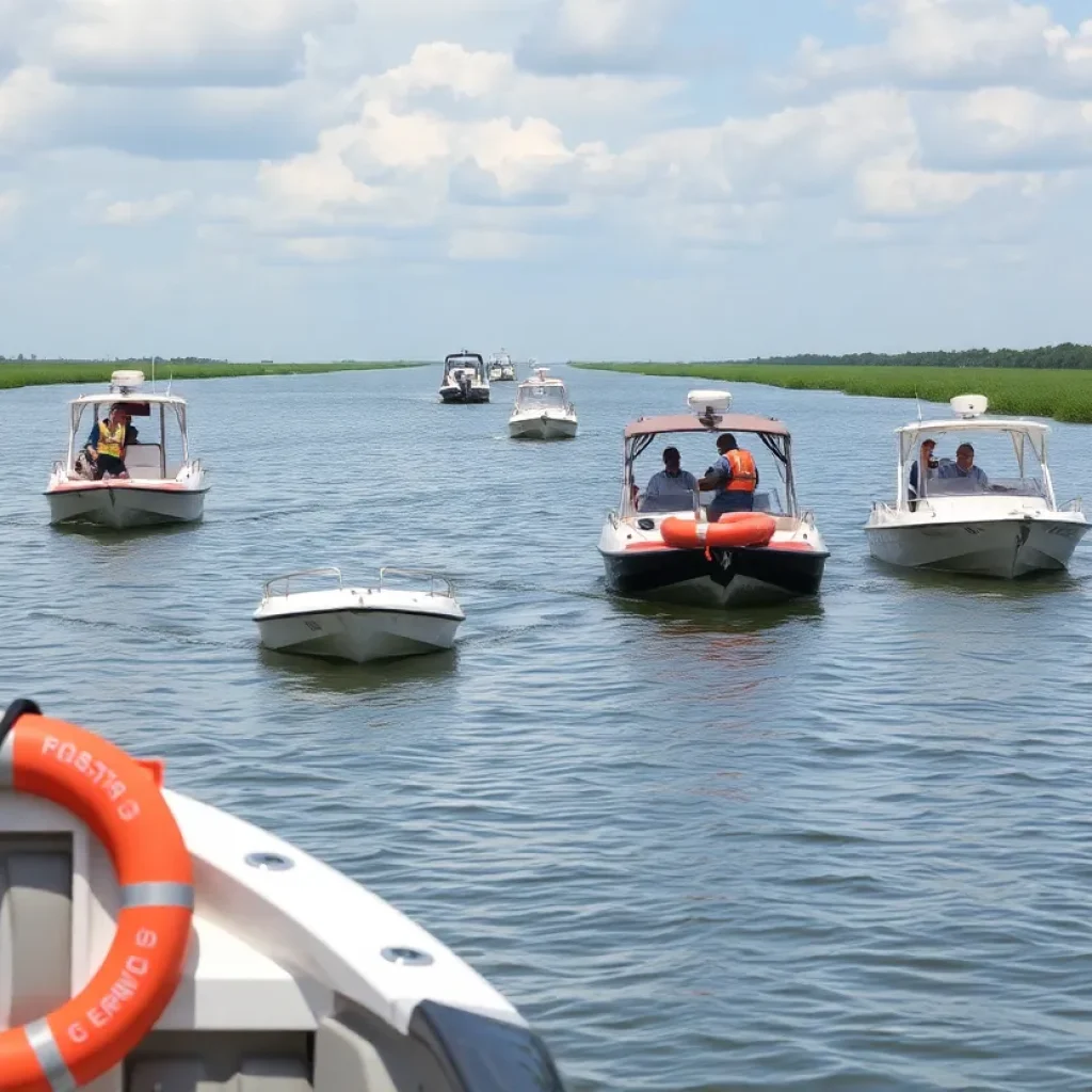 Boats on a Louisiana waterway emphasizing boating safety