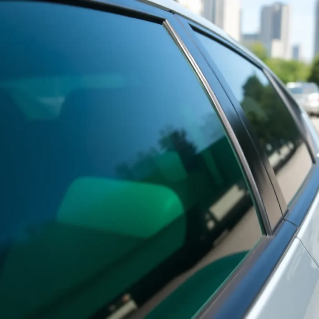 A vehicle with dark tinted windows parked in a sunny environment