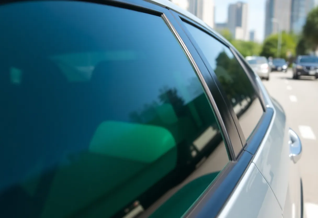 A vehicle with dark tinted windows parked in a sunny environment