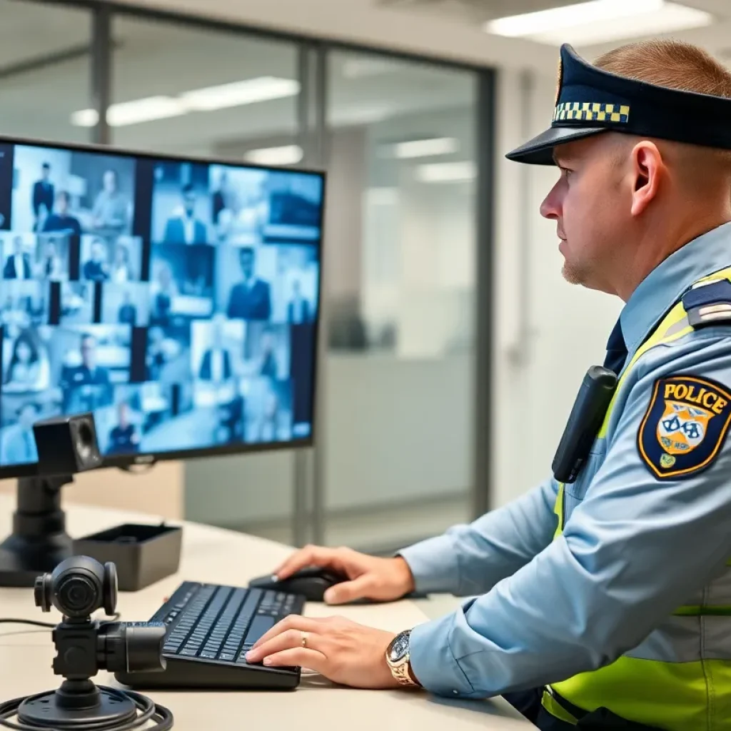 Police officer reviewing body camera footage