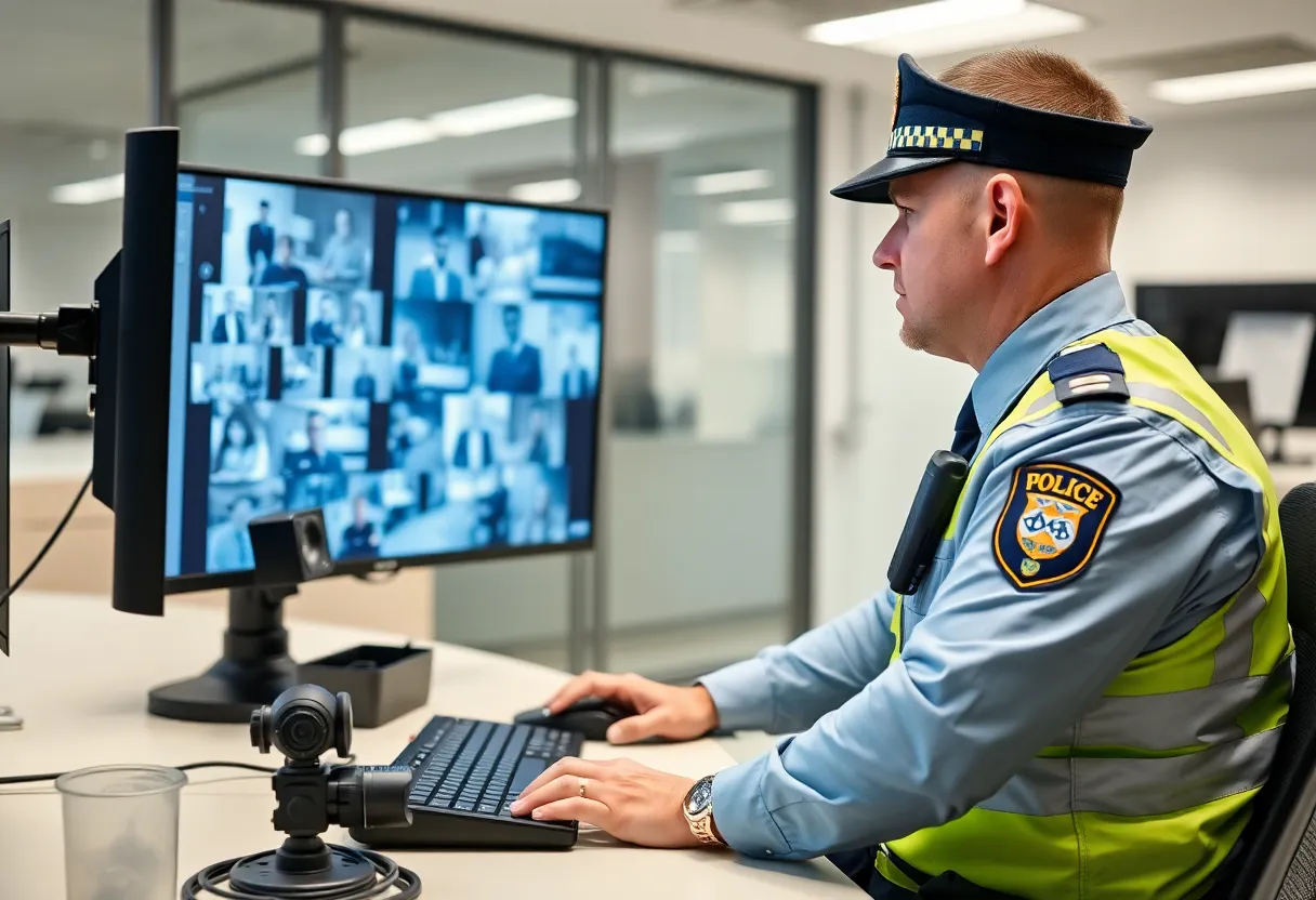 Police officer reviewing body camera footage