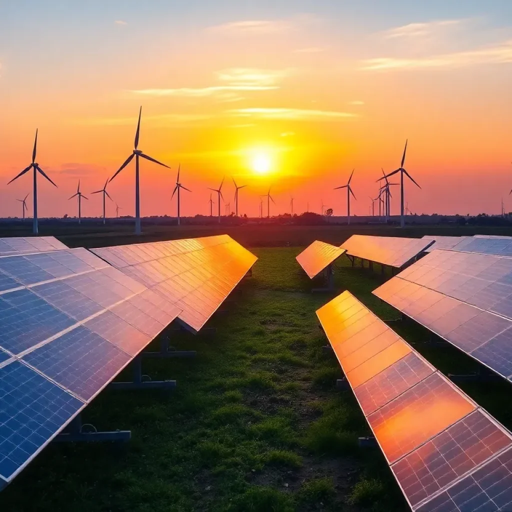 Landscape with solar panels and wind turbines symbolizing energy transition in Louisiana