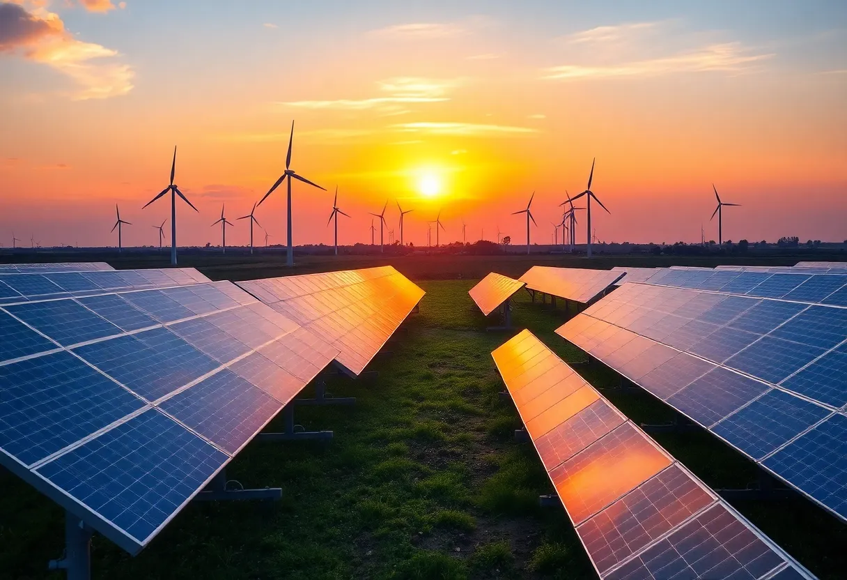 Landscape with solar panels and wind turbines symbolizing energy transition in Louisiana