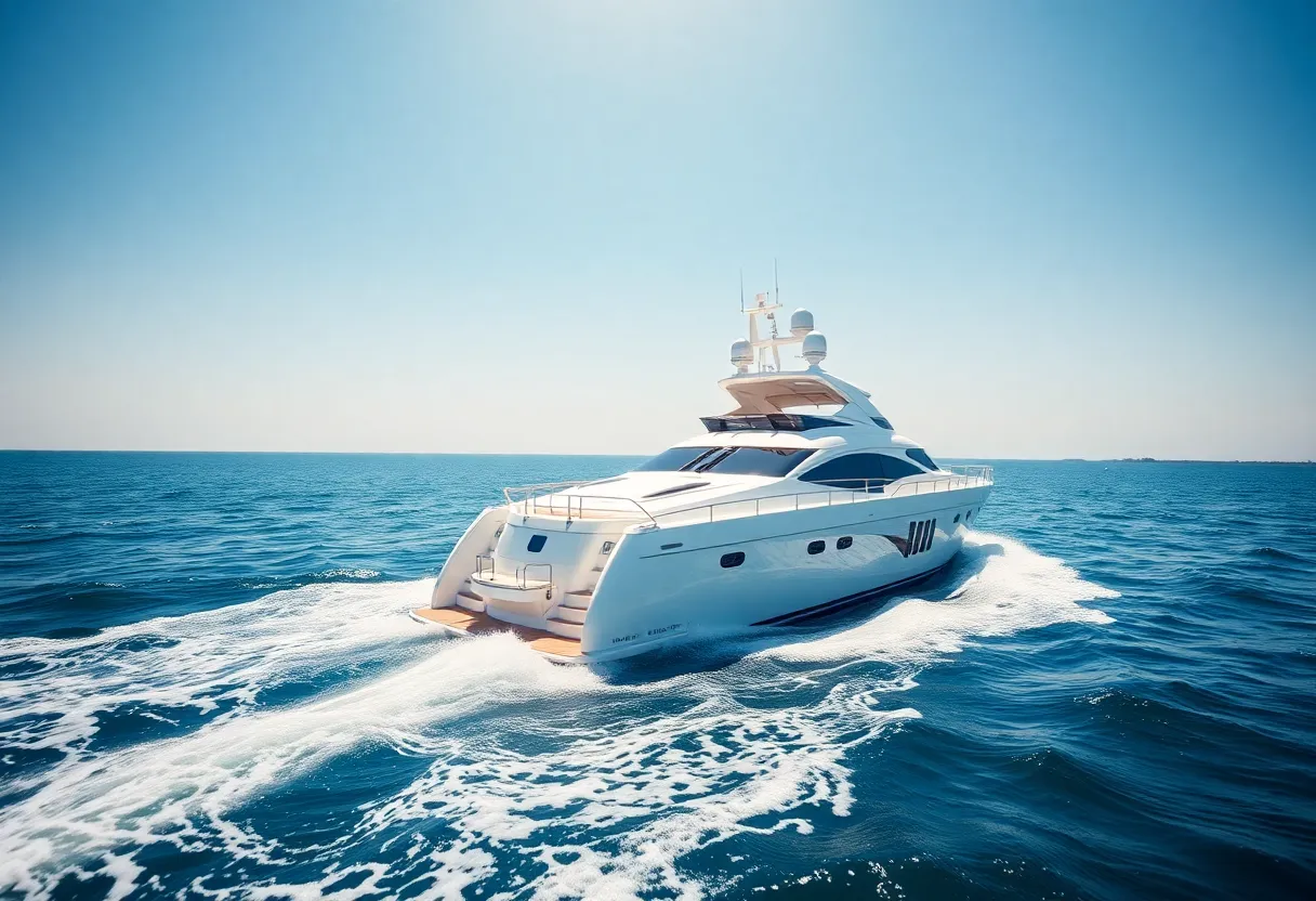 Luxury yacht sailing in Louisiana waters under a clear blue sky