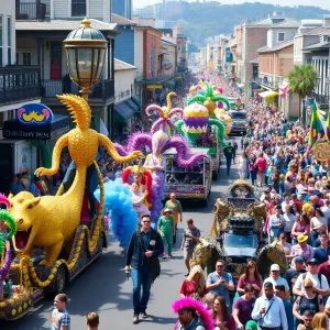 Colorful floats and participants during the Mardi Gras parade in New Orleans