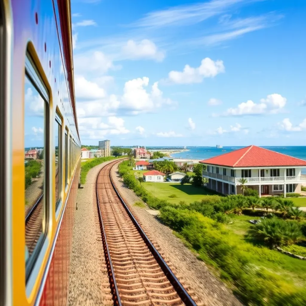 Amtrak train on the Gulf Coast with coastal scenery