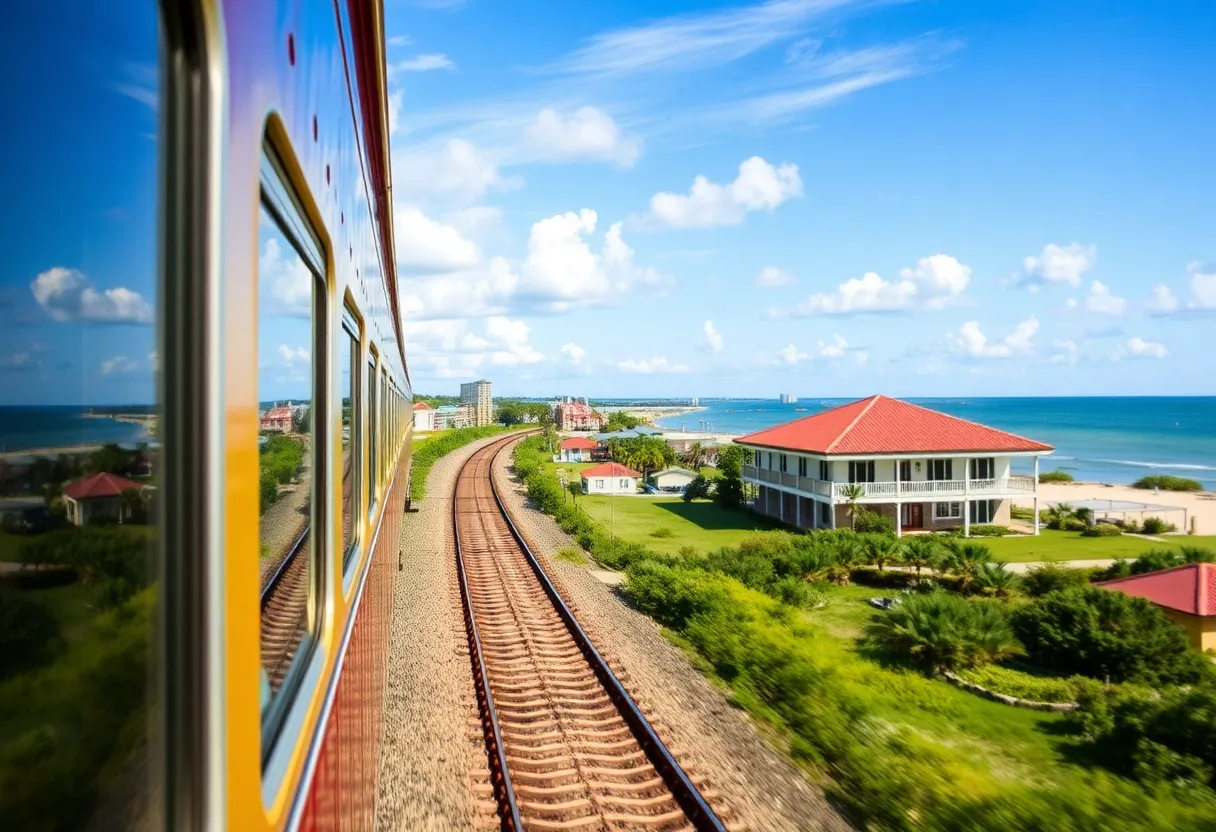Amtrak train on the Gulf Coast with coastal scenery