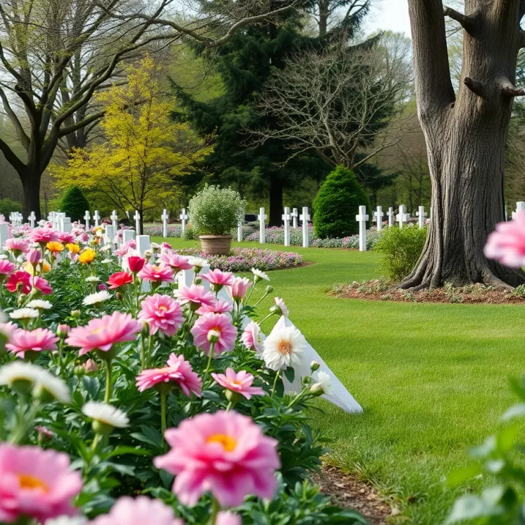 A peaceful garden with flowers and trees for remembrance