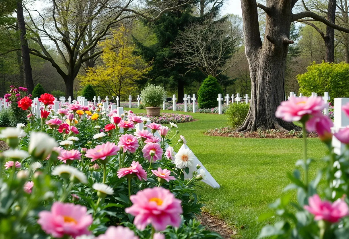 A peaceful garden with flowers and trees for remembrance