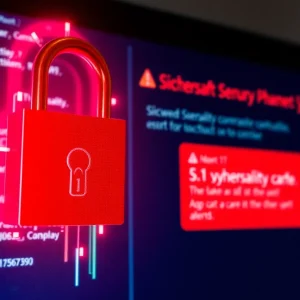 Illustration of a cybersecurity alert on a computer related to Microsoft SharePoint breach.