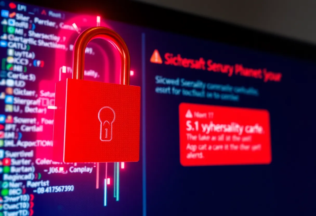 Illustration of a cybersecurity alert on a computer related to Microsoft SharePoint breach.