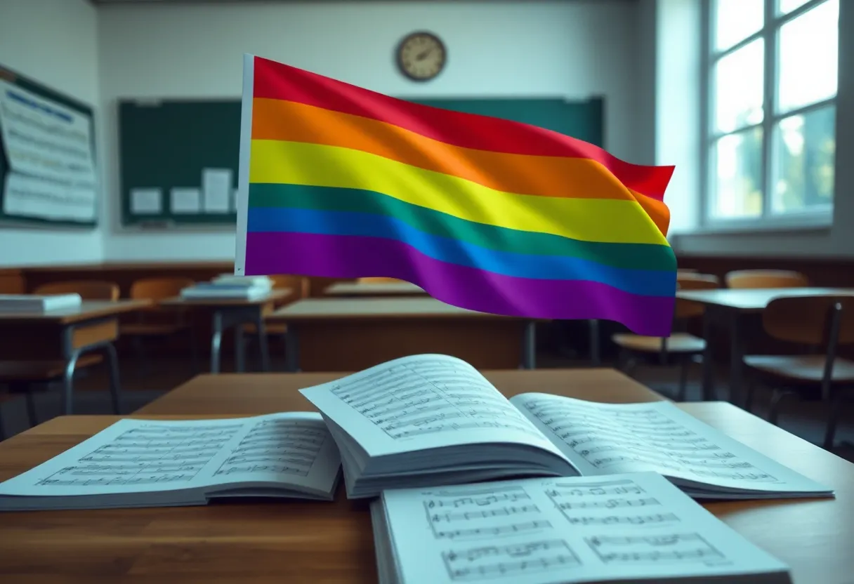 Classroom with music notes representing education and inclusivity.