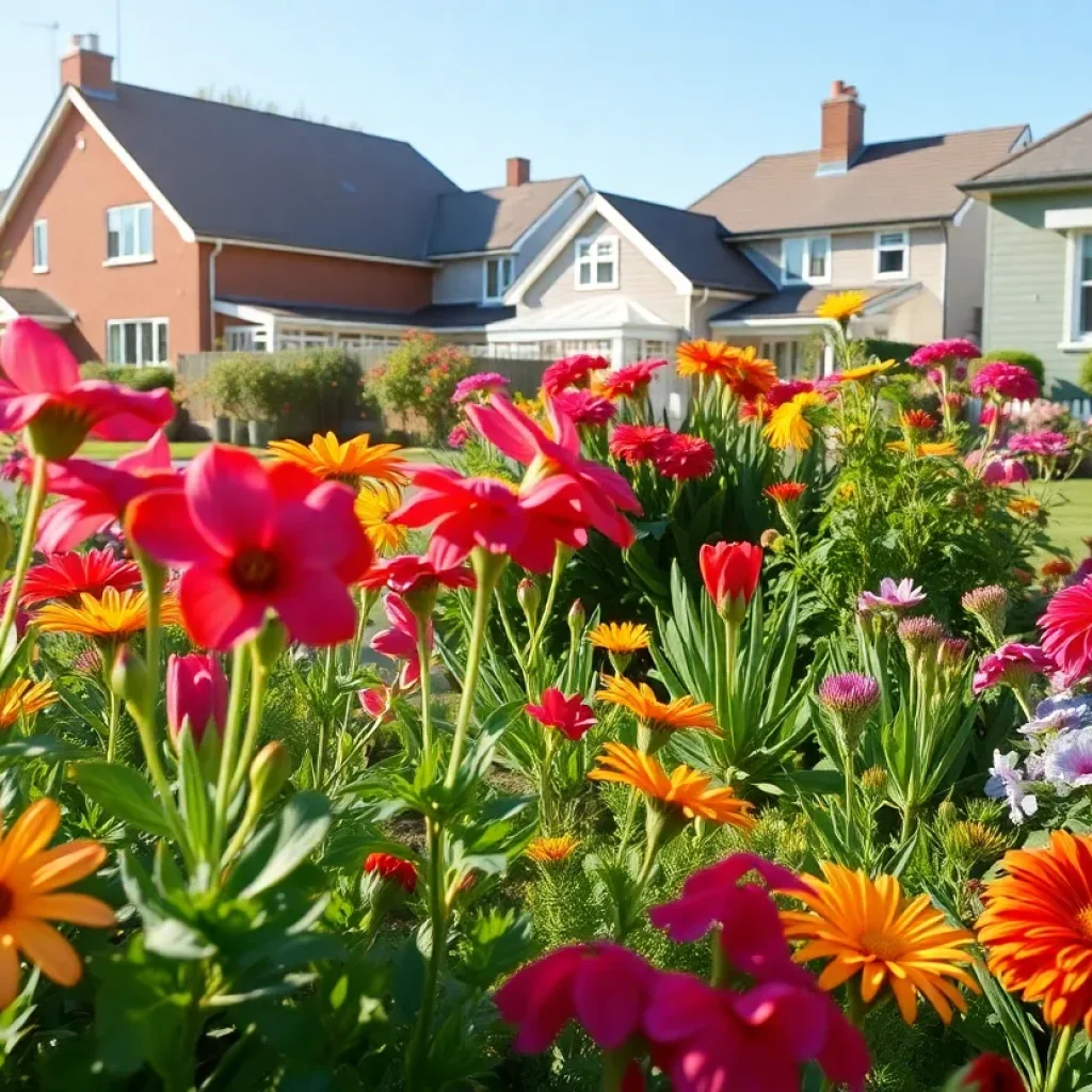 A community garden in New Orleans with flowers and greenery