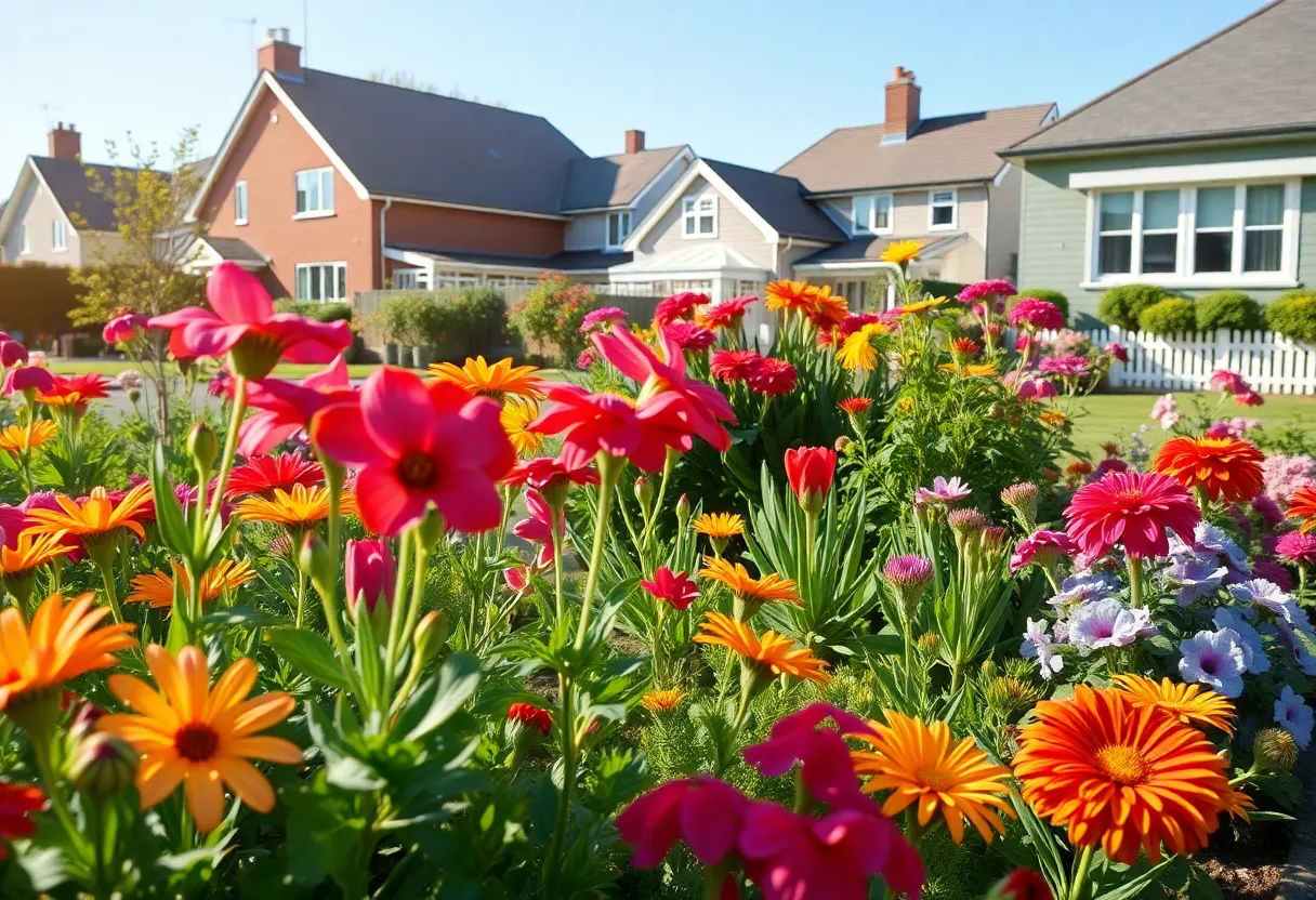 A community garden in New Orleans with flowers and greenery