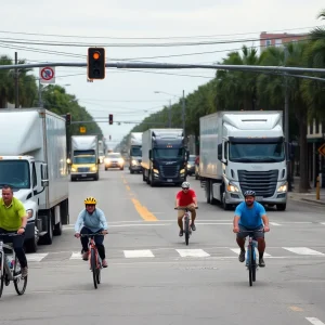 Cyclists navigating a busy road in New Orleans with trucks in the background.