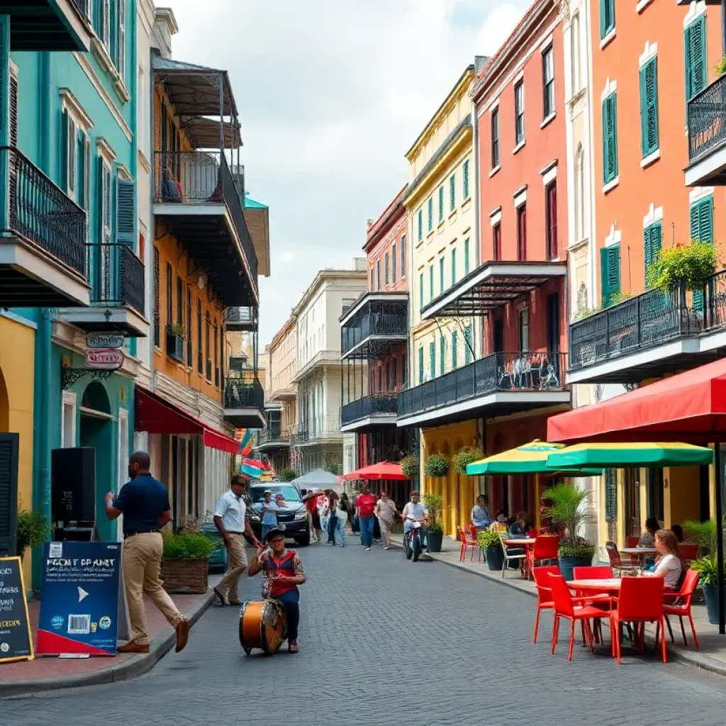 Vibrant street scene in New Orleans featuring local architecture and outdoor dining.