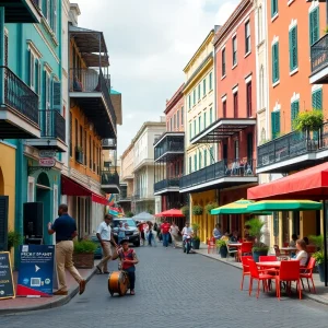 Vibrant street scene in New Orleans featuring local architecture and outdoor dining.