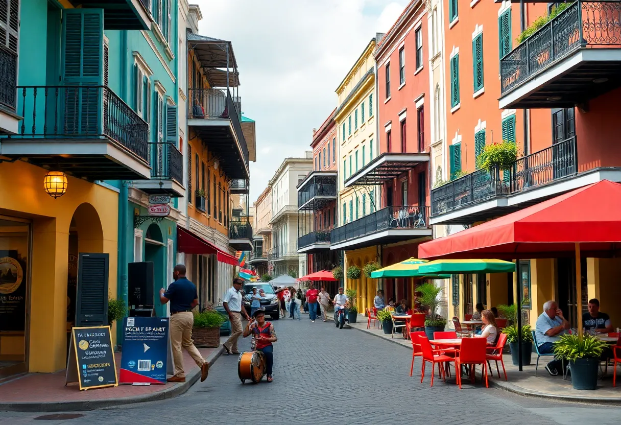 Vibrant street scene in New Orleans featuring local architecture and outdoor dining.