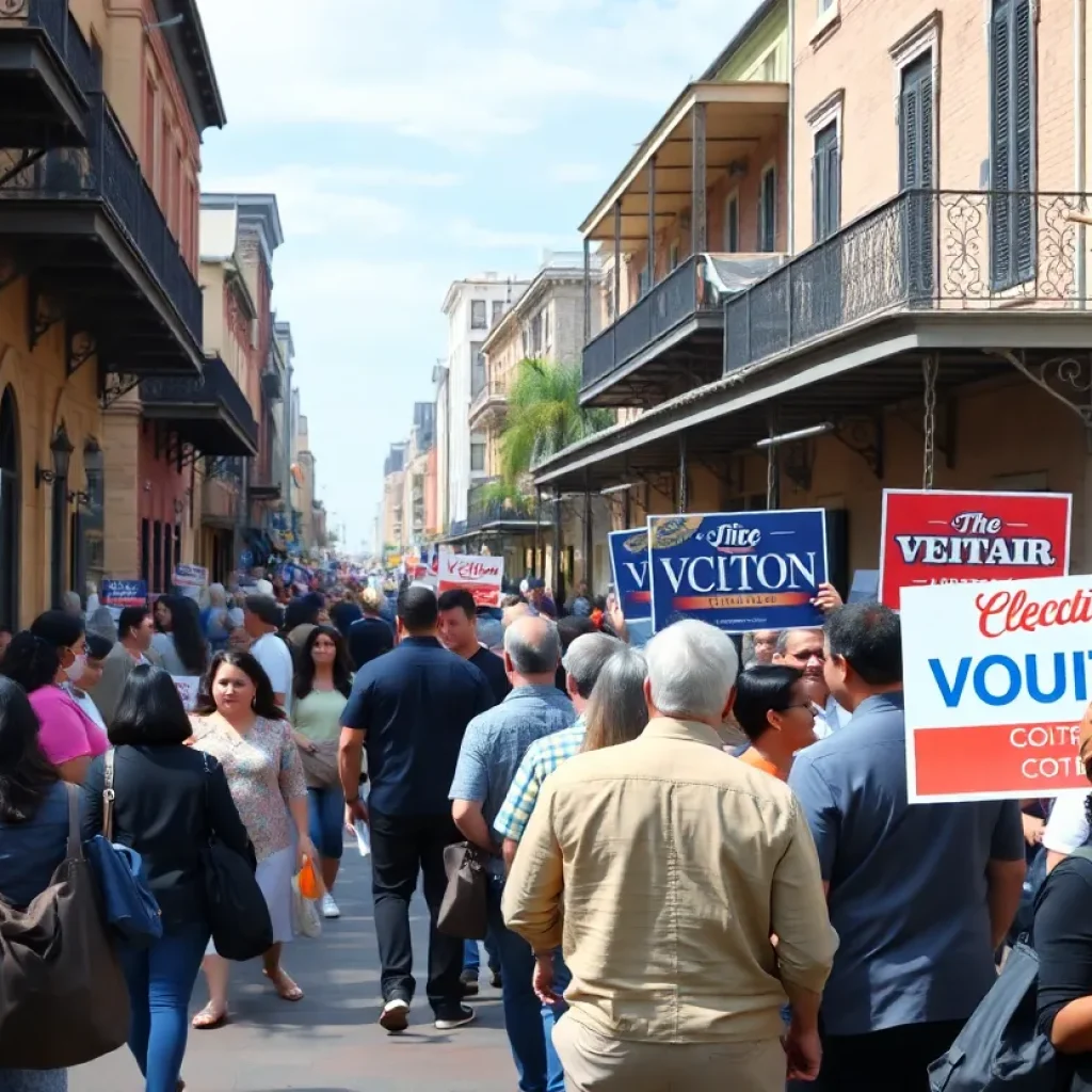 City scene showing New Orleans residents participating in the election process