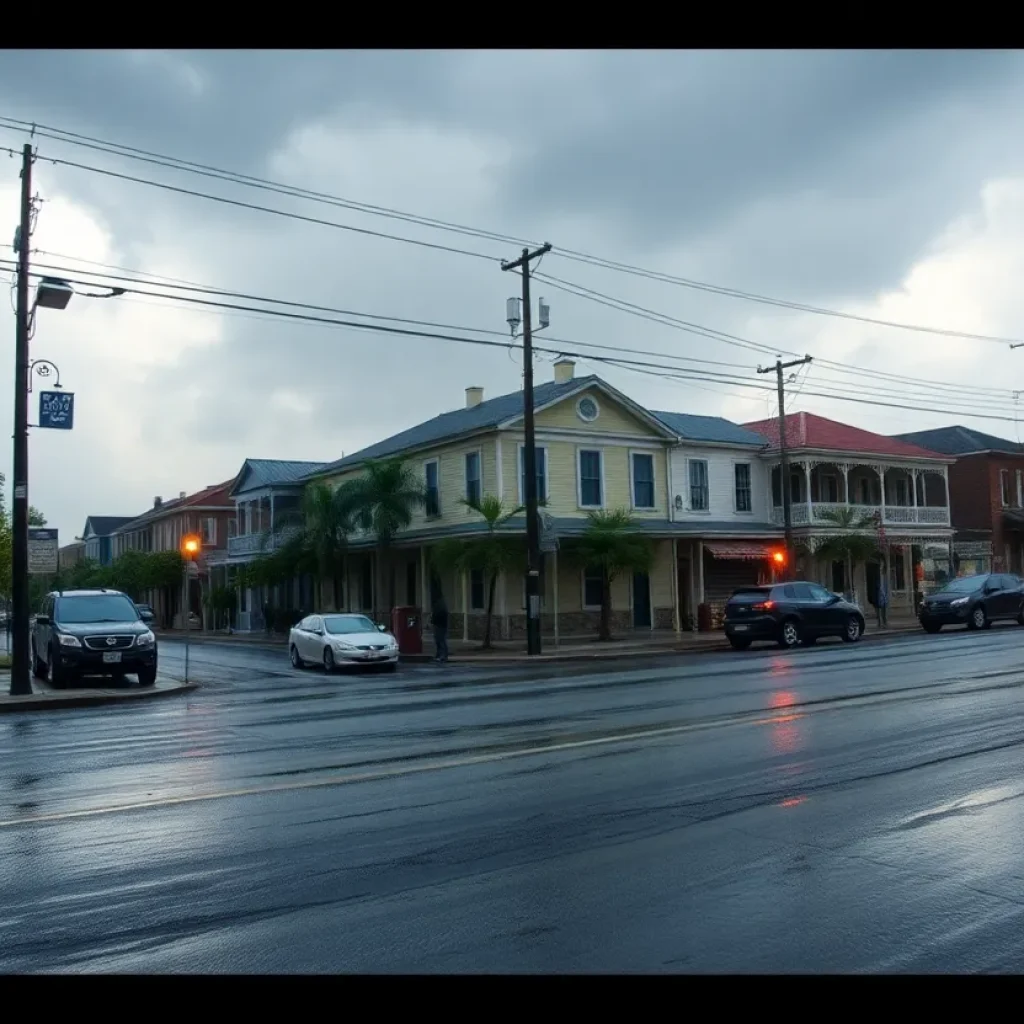 Residents in New Orleans preparing for flooding with sandbags during heavy rain.