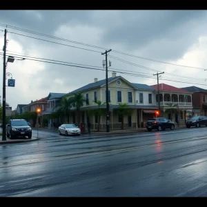 Residents in New Orleans preparing for flooding with sandbags during heavy rain.