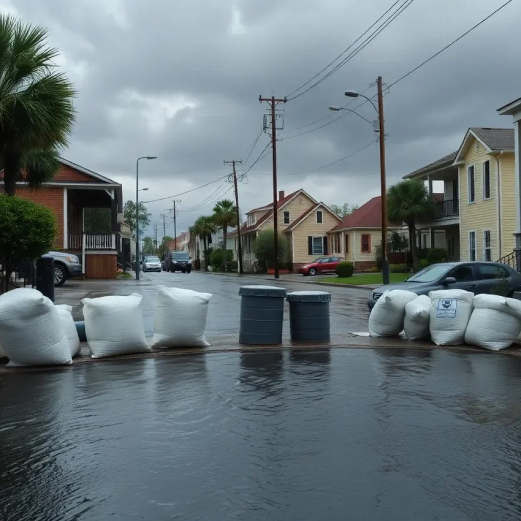 New Orleans neighborhood with sandbags in front of houses and rain water accumulation on the streets.