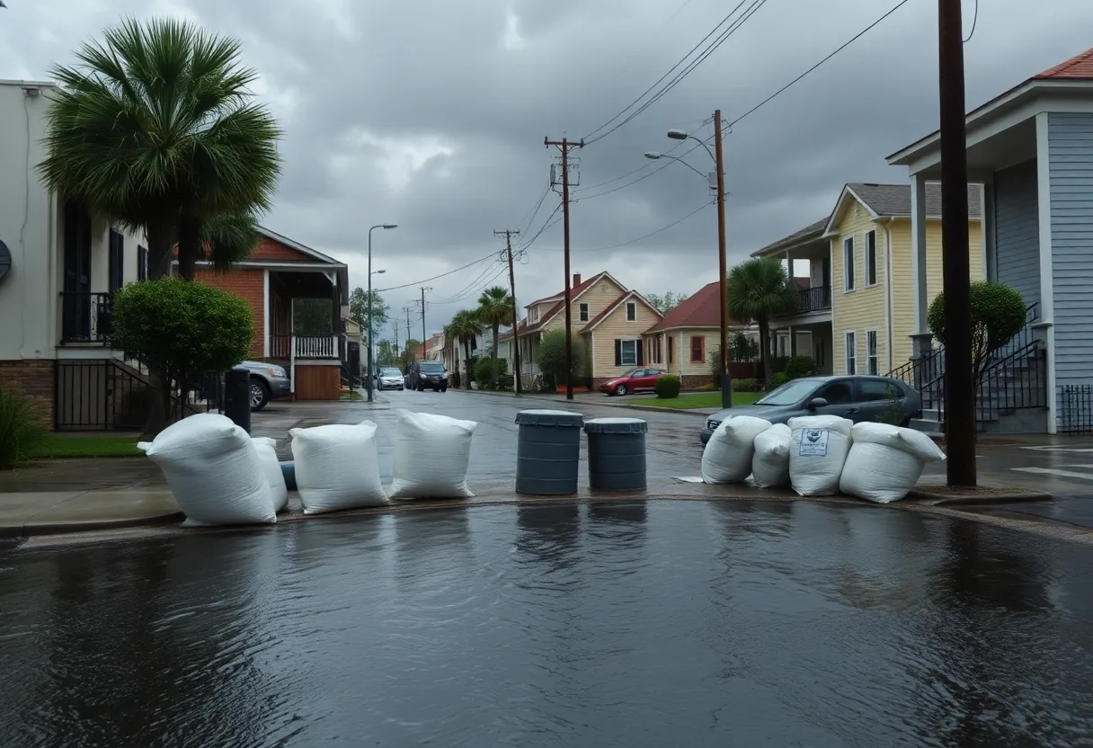 New Orleans neighborhood with sandbags in front of houses and rain water accumulation on the streets.