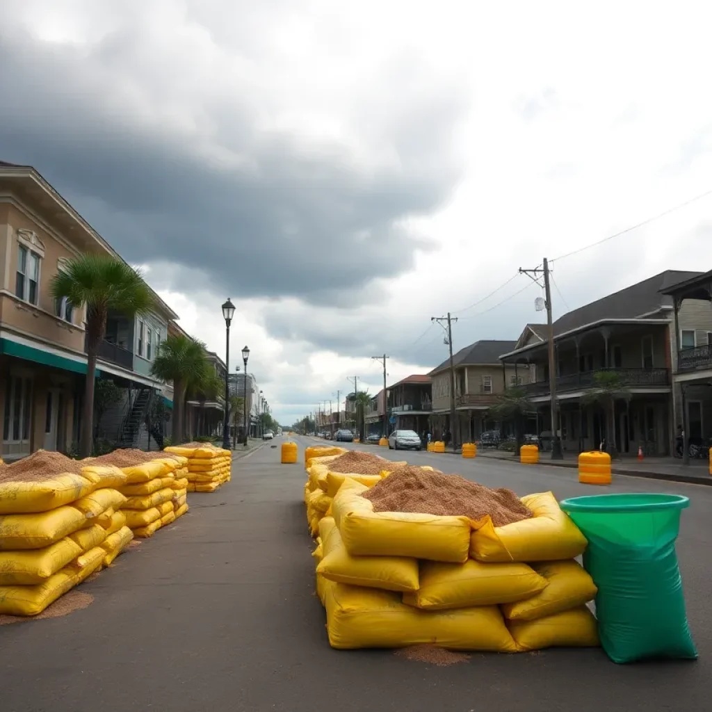 Residents in New Orleans prepare sandbags as dark clouds signal potential flooding.