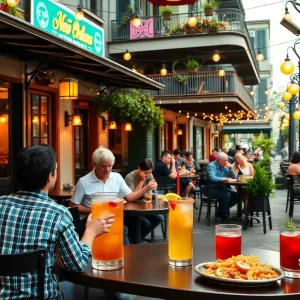 Vibrant happy hour scene in New Orleans with small plates and cocktails