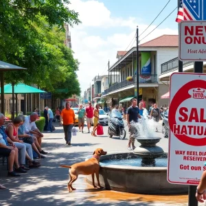 Busy New Orleans street during heat advisory with people and pets seeking shade.
