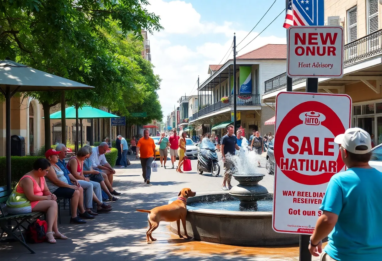 Busy New Orleans street during heat advisory with people and pets seeking shade.