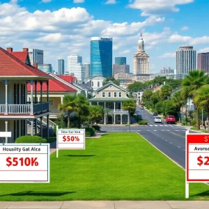 Overview of the New Orleans housing market with homes and city landscape.