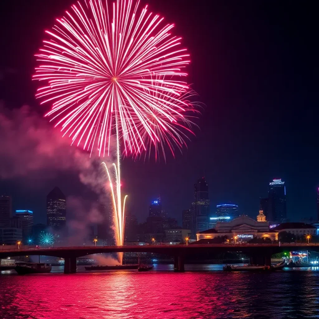 Fireworks lighting up the sky over the Mississippi Riverfront in New Orleans during Independence Day celebrations.
