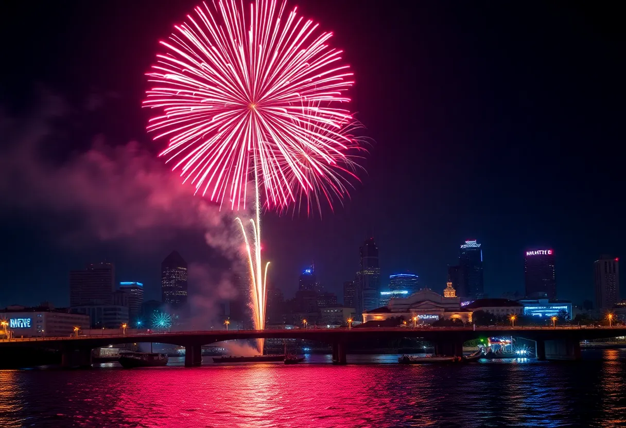 Fireworks lighting up the sky over the Mississippi Riverfront in New Orleans during Independence Day celebrations.