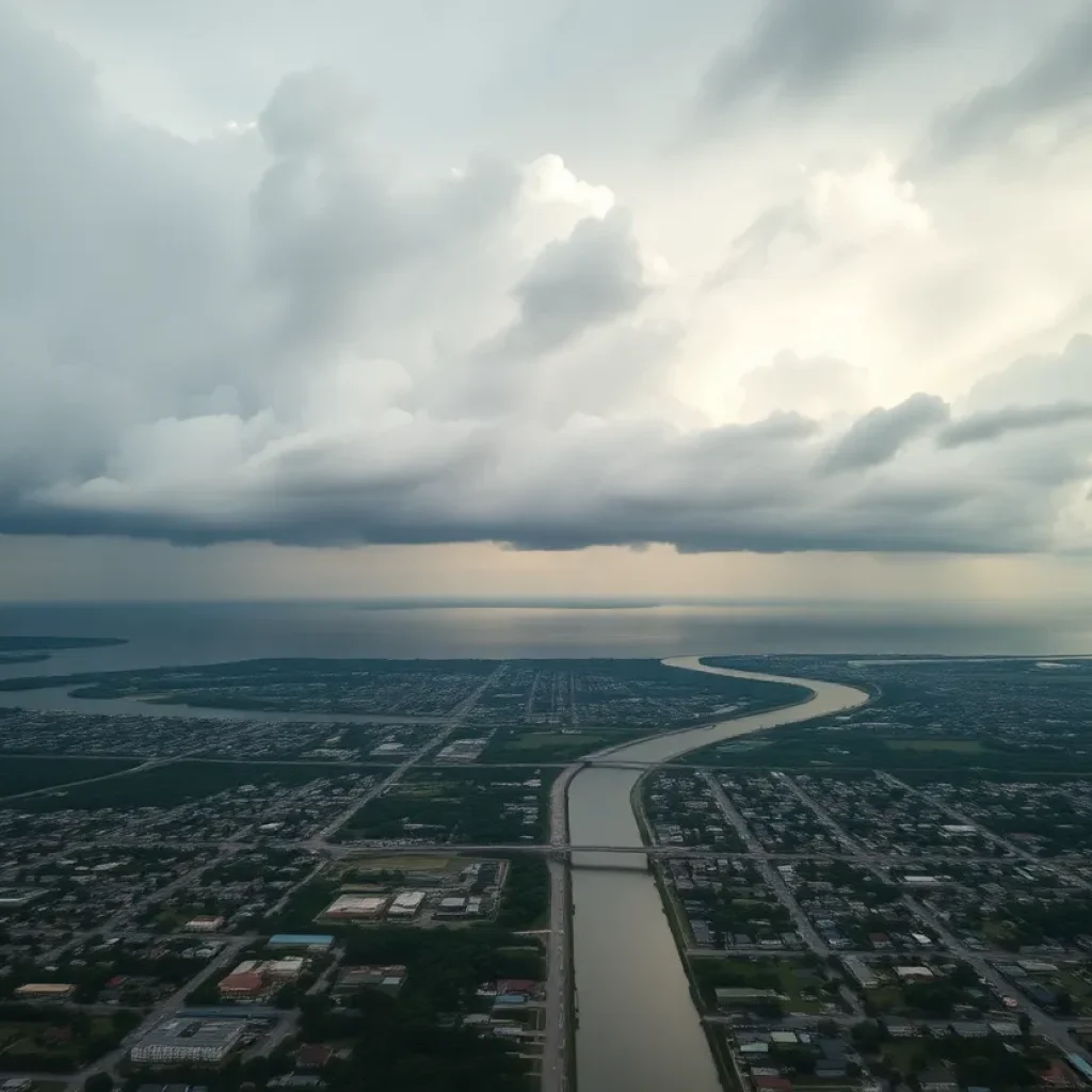 Aerial view showcasing the levee system of New Orleans before a storm.