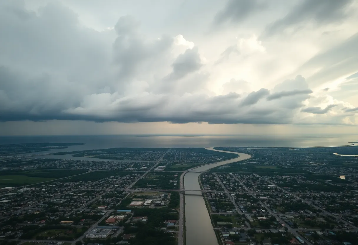Aerial view showcasing the levee system of New Orleans before a storm.