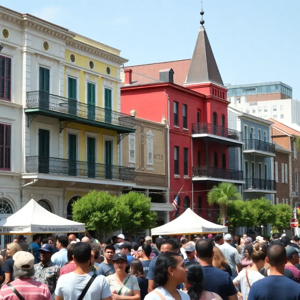 A bustling street in New Orleans with diverse crowds during a community event