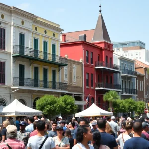 A bustling street in New Orleans with diverse crowds during a community event