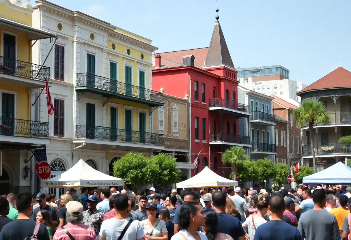 A bustling street in New Orleans with diverse crowds during a community event