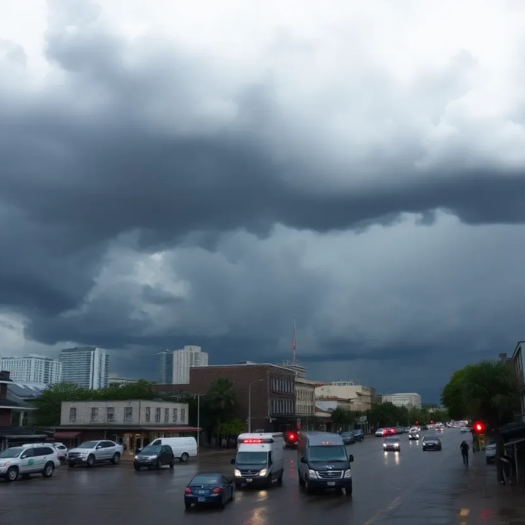 Heavy rainstorm affecting New Orleans streets with flooding
