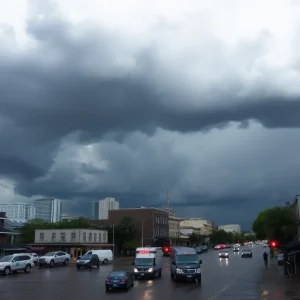 Heavy rainstorm affecting New Orleans streets with flooding