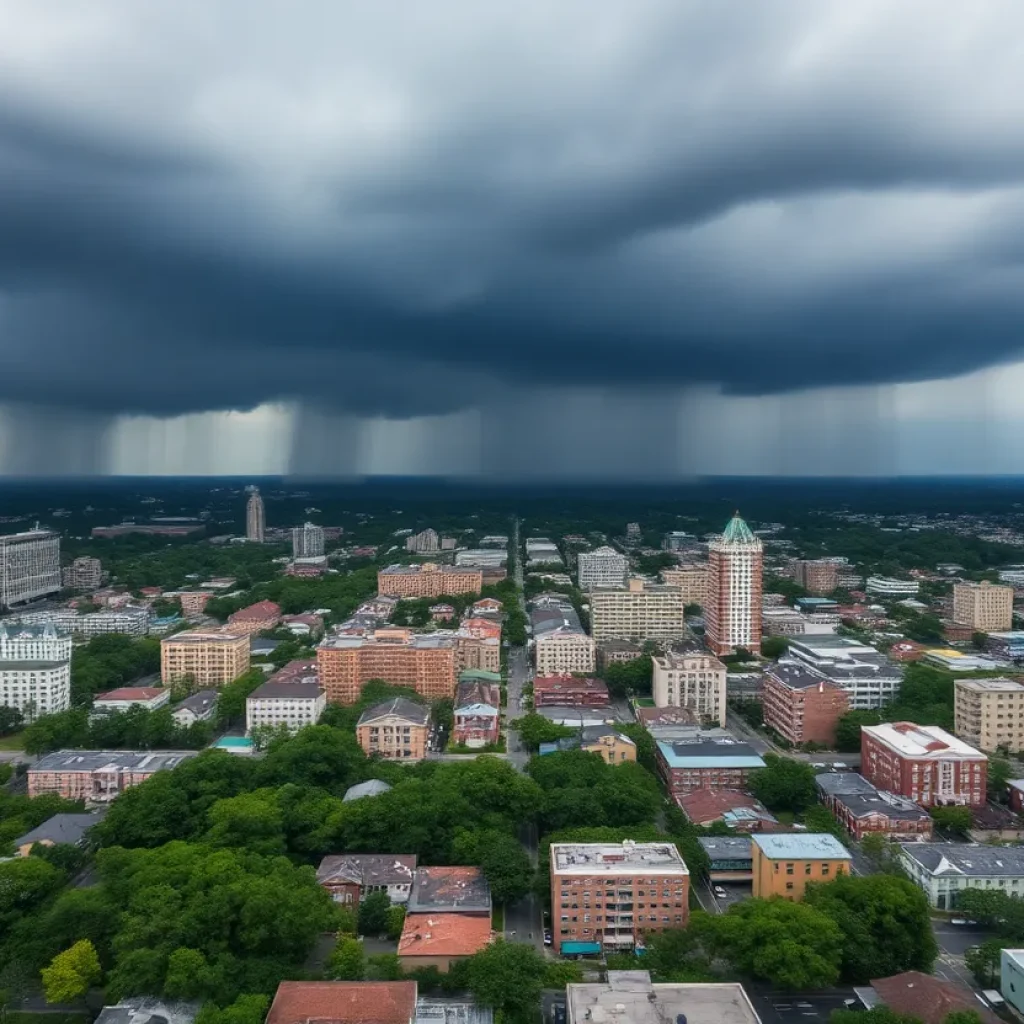 Aerial view of New Orleans during heavy rainfall with overcast skies.