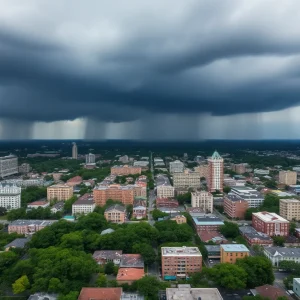 Aerial view of New Orleans during heavy rainfall with overcast skies.
