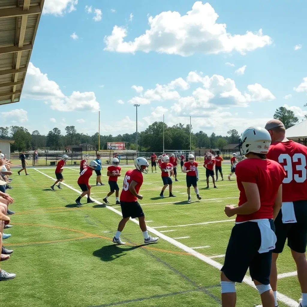 Football training camp with fans watching players practice
