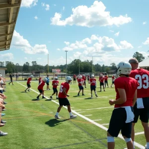 Football training camp with fans watching players practice
