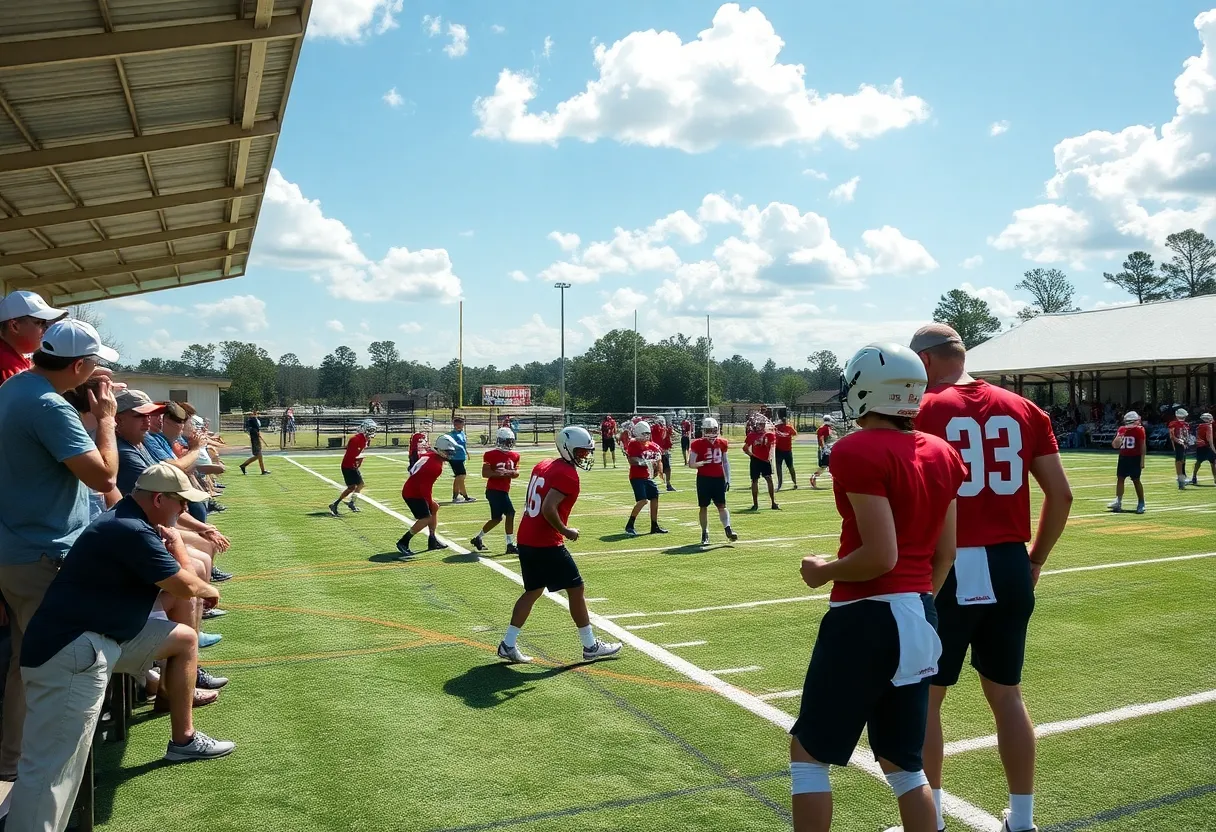 Football training camp with fans watching players practice